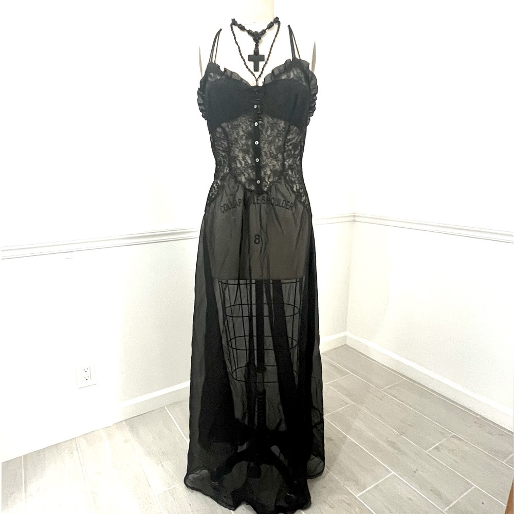 Nylon sheer black slip dress night gown lingerie, lace trim button front. - Picture 2 of 3